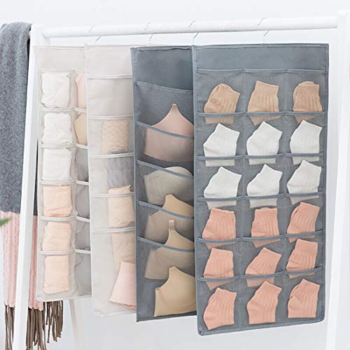 Closet Hanging Organizer with Mesh Pockets & Rotating Metal Hanger,Dual Sided Wall Shelf Wardrobe Storage Bags,Oxford Cloth Space Saver Bag for Bra Underwear Underpants Socks (Gray, 30 Pocket)