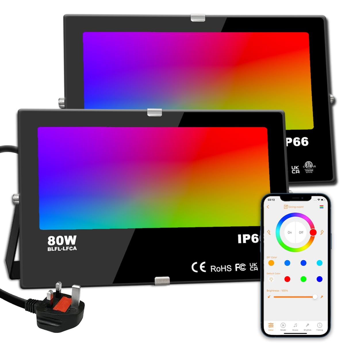 iLC LED Floodlight 800W Equivalent, Outdoor RGB Colour Changing, Smart Flood Lights RGBW 2700K Warm White & 16 Million Colors, 20 Modes, Grouping, Timing, IP66 Waterproof (2 Pack)