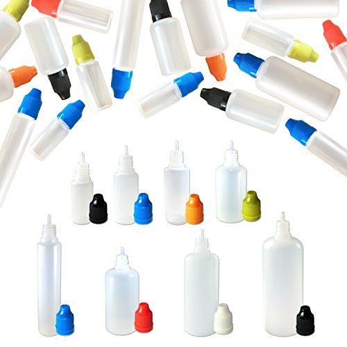 UPC 752025901007, Dropper Bottle Variety Pack of 25 - Sizes: 10mL to 100mL - Long Thin Tip - Child Resistant Cap - Squeezeable LDPE