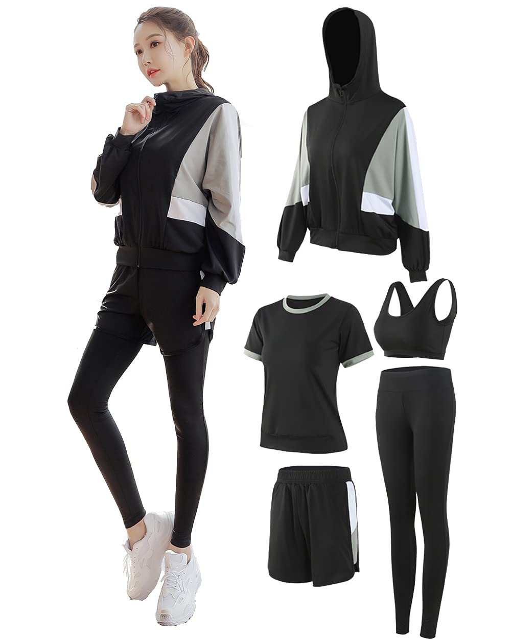 Dawn Rain Women's Sportswear, Yoga, Training, Running, 5-Piece Set, Stretchable, Sweat Absorbent, Quick Dry, Breathable, Jersey, Sports Bra, Long Tights, Hoodie, Short Sleeves, Short Pants, All-season