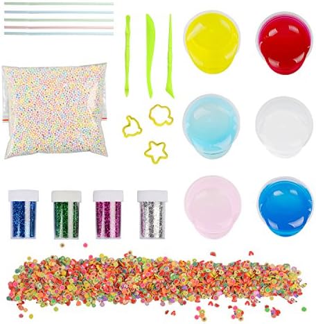 DIY Fluffy Slime Kit, 6 Pack Crystal Clear Slime Making Kit Comes with Colorful Foam Balls, Fruit Face Decoration, 4 Bottles Glitter Shaker Jars, Magic Slime Toys for Adults and Children