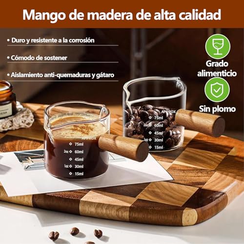 2PCS Taza Medidora Espresso, 15ml-75ml Taza de Café Medidoras Mango de Madera Tazas Medidoras Con Escala Vaso de,Adecuado para el Hogar, la Empresa y el Camping Espresso Cup.