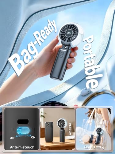 Portable Mini Misting Fan - 100 Speeds Small USB Rechargeable Fan, 6000 mAh 3-in-1 Folding Pocket Fan for Hand, Desk or Neck with LED Display, for Outdoor, Travel, Office (Black)