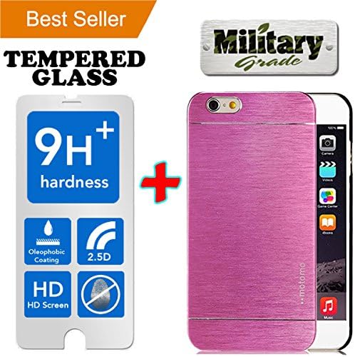 LIMITED STOCK SALE Iphone 6 Plus &amp; 6S Plus [5.5] PREMIUM Pack Aluminum Case + Tempered Glass Screen Protector Brushed Alloy Impact Absorbent Shock Pink INO Metal PVC Skin Cover Motomo
