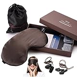Natural Silk Eye Mask includes 2 Pair of Earplugs – Adjustable Sleep Mask for Men & Women, Large Soft Breathable Sleeping Blindfold – A Must Sleep Aid for Home or Travel!(Brown)