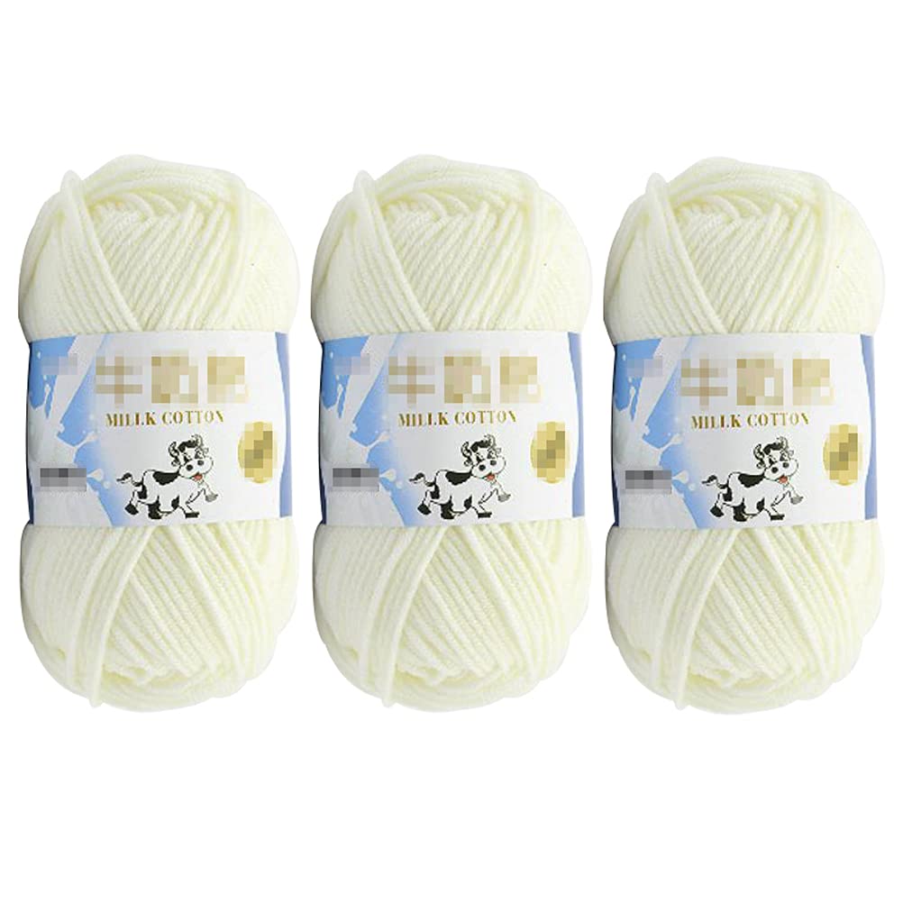 3Pcs 50g Milk Yarn Knitting Cotton Yarn Soft Chunky Hand-Woven Crochet Wool Yarn for Handcrafts Crocheting Knitting (White)