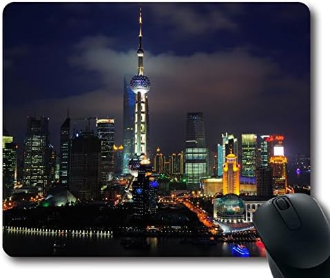 Custom Perfect Mouse Pad with China Night Home Skyscraper Lights Building River Boat View Non-Slip Neoprene Rubber Standard Size 9 Inch(220mm) X 7 Inch(180mm) X 1/8 Inch(3mm) Desktop Mousepad Laptop Mousepads Comfortable Computer Mouse Mat