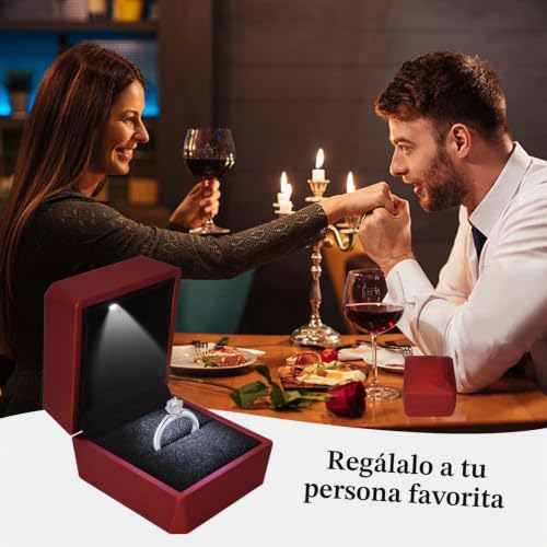 Colexy Ring Box with LED Light, Velvet Box, Jewellery Box for Rings, Rings LED Jewellery Storage Boxes, for Proposal Engagement, Weddings and Valentines, 5.8 x 6.3 x 5 cm, Red-A