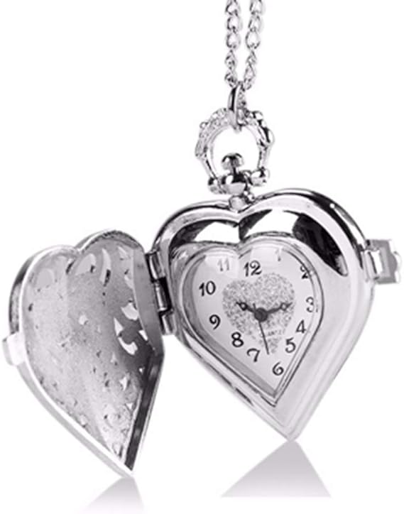 Amazon Com Biangfei Fashion Silver Heart Shaped Lovely Hollow Elegant Quartz Pocket Watch Necklace Pendant For Women Ladies Girl Birthday Gift Kitchen Dining