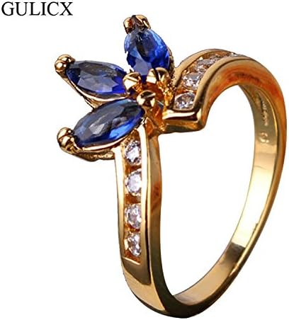 Myn Jewelry Fashion 24K Yellow Gold Plated Water Drop Blue Crystal CZ Zirconia Band Cocktail Ring Jewelry R129