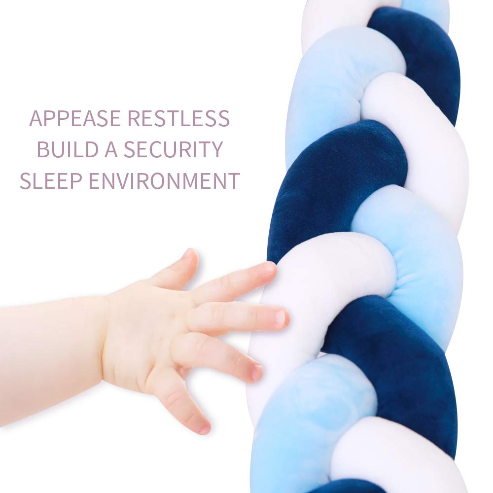 Lion Paw Crib Bed Bumper Pillow Cushion 78.7in Crib Sides Protector Infant Cot Rails Newborn Gift Knotted Braided Plush Nursery Cradle Decor (White-Blue-Dark Blue 78.7in) : Baby