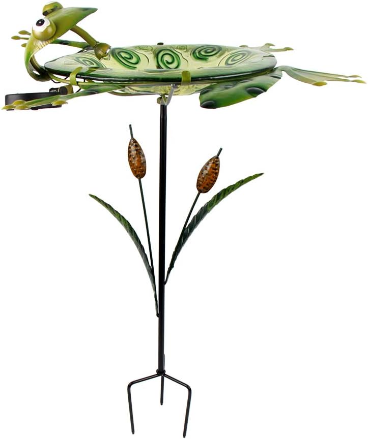 HONGLAND Outdoor Solar Birdbath Frog Bird Feeder Glass Bowl with Metal Stand for Garden,Lawn,Backyard,Porch