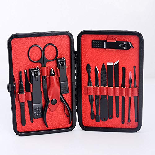 15pcs/Set Black Stainless Steel Nail Clipper Cutter Trimmer Scissor Tweezer Knife Ear Pick Grooming Kit Manicure Set Pedicure Toe Nail Art Tools Set Kits with Travel Case