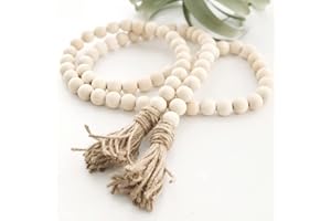 EasyBravo 58 Inch Wood Bead Garland with Tassels, Rustic Farmhouse Beads Wall Hanging Prayer Beads