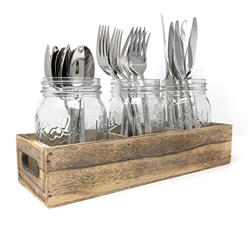 Flatware Caddy Cutlery Holder Utensil Organizer with 3 Glass Mason Jars in Farmhouse Rustic Style Wood Tray For Silverware Display on Kitchen Countertop, Dining Table and Party (Rustic Wood)
