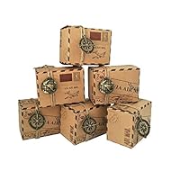 Yalulu 50Pcs Vintage Favors Kraft Paper Candy Box Travel Theme Airplane Air Mail Gift Packaging Box Wedding Souvenirs With Map/Compass Pendant