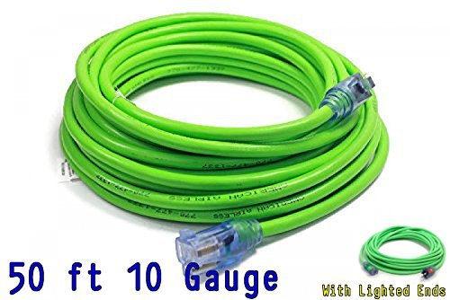 10 3 Contractor Grade 50 ft 10 Gauge Power Extension Cord 10/3 Plug,extension cord With Lighted Ends (50 ft 10 Gauge, green)