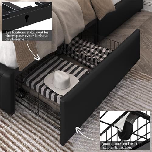 Yaheetech Bed Frame with Upholstered Headboard, Adjustable Height 140 x 200 cm, Beds Chests with Drawers, Slatted Base Double Metal Legs