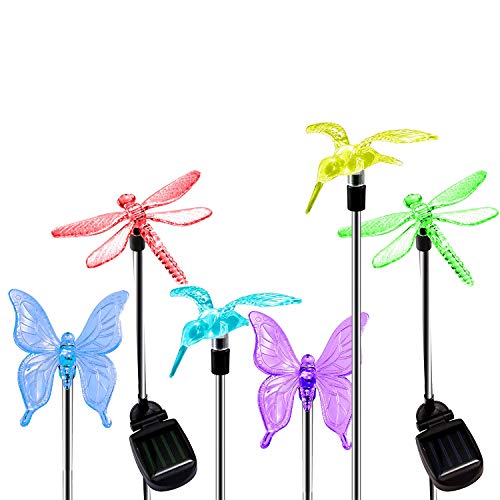 Solar Garden Lights Outdoor, 6-pack OxyLED Figurine Stake Light, Color Changing Decorative Landscape Light LED Solar Powered Hummingbird Butterfly Dragonfly for Patio Yard Pathway Halloween Christmas