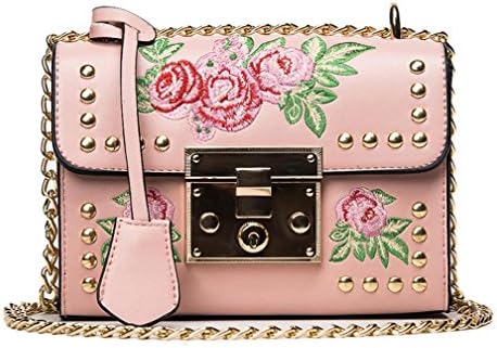 Women Girls Punk Style Vintage Rose Embroidery Shoulder Bag Clutch Handbag Crossbody Bag with Chain (Pink)