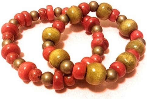 Soul Star Designs Coral "Red Light Special" Bracelet Duo Set w/Wooden Accent Beads