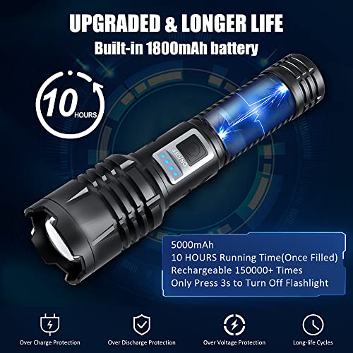 Zavuxo Rechargeable LED Flashlights high lumens,100000 Lumens Super Bright Tactical Flashlights,Waterproof Handheld Flashlight with 5 Mode,Built-in Battery,Zoomable for Emergencies Camping