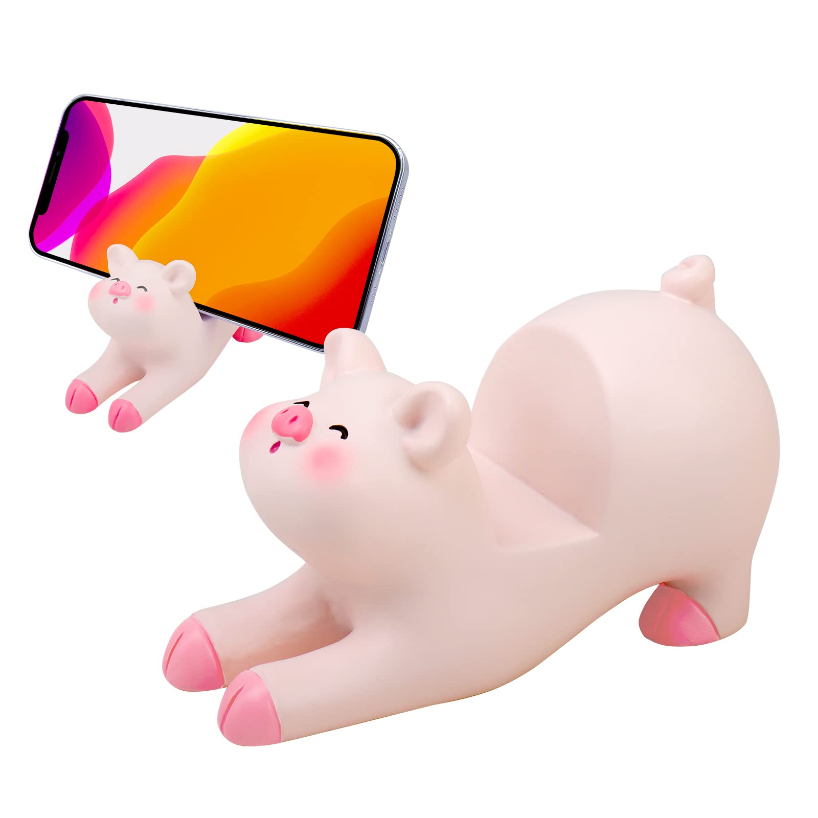 Seninda Cute Pink Pig Phone Stand, Resin Pig Phone Holder for Desk or Bedside, Small Animal Decorative Desk Accessory