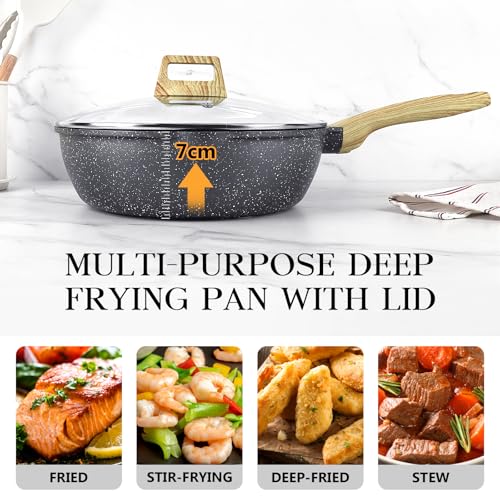 GiPP Nonstick Deep Frying Pan - 24cm Saute Pan with Lid Granite Induction Cookware, Non Stick Woking Pan Skillet, Dishwasher Safe, PFOA PFOS APEO Free (Gray)