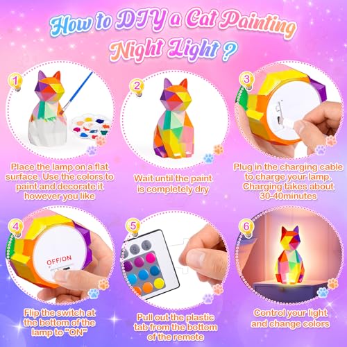 Dikence Painting Your Own Cat Lamp Toys DIY 3D Night Light Arts and Crafts Kits for Kids with Painting Accessories - Best Boys Girls Birthday Presents Gifts
