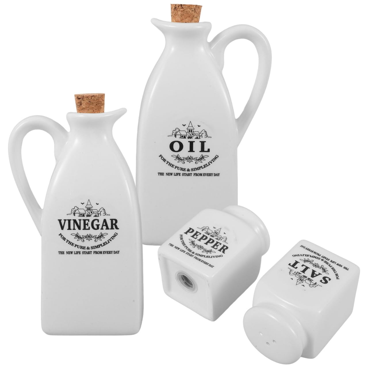Oil and Vinegar Dispenser Set, Salt and Pepper Shaker Set Pottery Japanese Sauce Jar Shoyu Soy Sauce Bottles Farmhouse Ceramic Condiment Holders with Cork Stopper for Kitchen Cooking Container