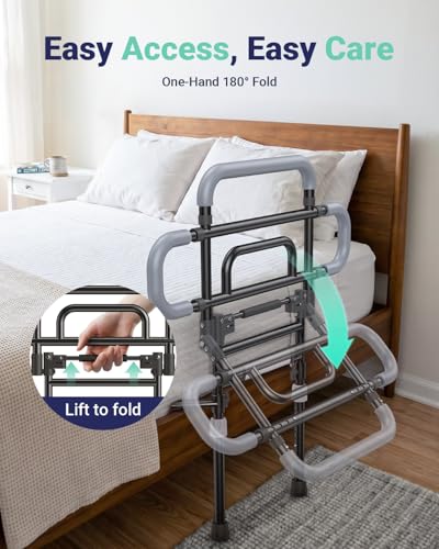 Bed Rails for Elderly Adults Safety, 180° Foldable Bed Rail with Adjustable Height & Width, 350lb Load, Extra-High Design, Wide Base, LED Light & Storage Pockets – Fits King/Queen/Full/Twin Beds