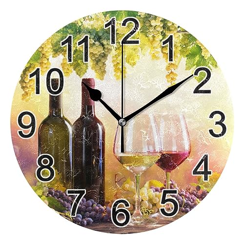 Photo 1 of BOENLE Bottles Wine Glasses Grapes Sunset Wall Clock Non Ticking Silent Kitchen Clock Large Battery Operated Clocks 10 inch for Living Room Bedroom Decor