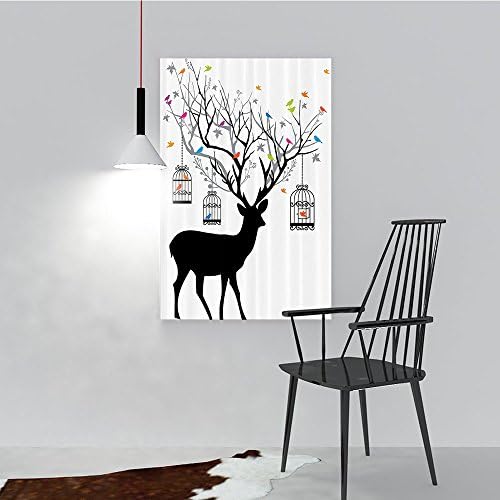 Modern Canvas Painting Wall Art Antlers Elk and Fawn Silhouette at the Background Natura Heritage Deco Extralong Green Black For Wall Decor(24"x36")