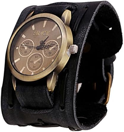 Men Watches,TOMIN New Style Retro Punk Rock Brown Big Wide Leather Bracelet Cuff Men Watch Cool (Black)