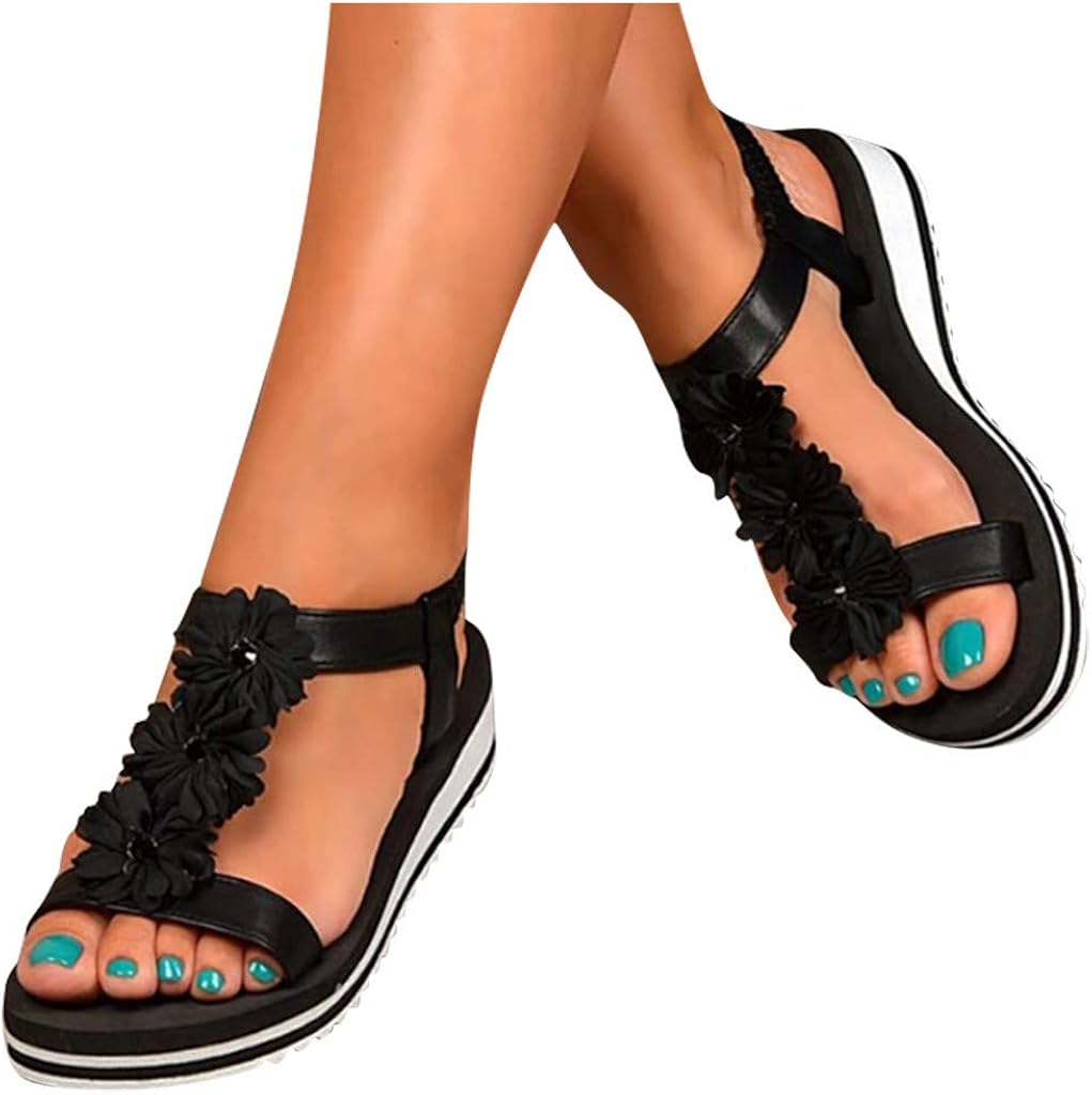 Sunhusing Platform Sandals Women's Bohemian Flower Rhinestones Open Toe Elastic Band Beach Shoes Roman Sandals