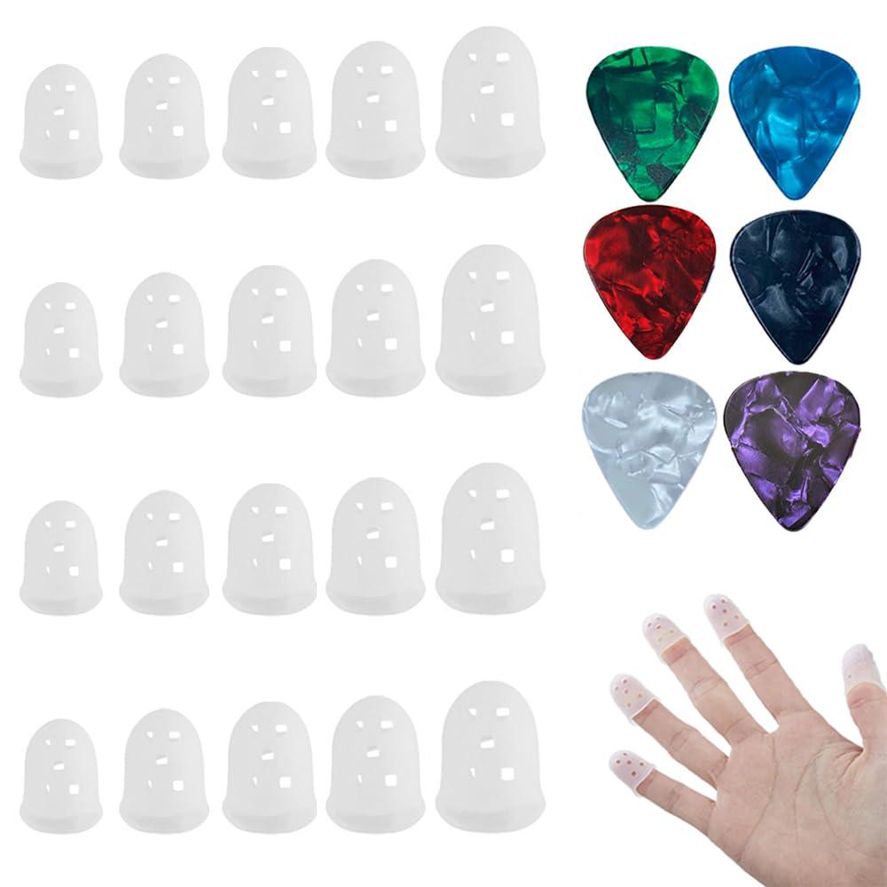 YAISUHCHNYE 20 PCS Guitar Fingertip Protectors with 6 Guitar Picks Silicone Transparent Fingertip Protection Covers Caps Finger Guards for Guitar Playing Money Counting Paper Sorting Sewing Knitting