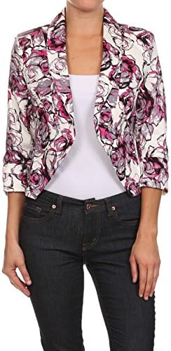 Bangbangusa Womens Floral Print Quarter Sleeves Cropped Open Blazer (L, Pink)