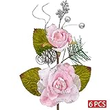 KI Store Christmas Poinsettia Flower Ornaments Pink Rose Pack of 6 for Christmas Tree Decorations Artificial Flower Picks Spray for Xmas Tree Wedding Centerpiece