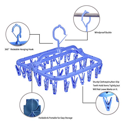 HAPY SHOP Foldable Laundry Hanger Drying Rack,Plastic Laundry Clip with 32 Clips,Clip Hanger Drip Drying Hanger Underwear Hanger with Clips for Socks, Bras, Lingerie, Clothes,Towel,Scarf,Blue - Thumbnail 3