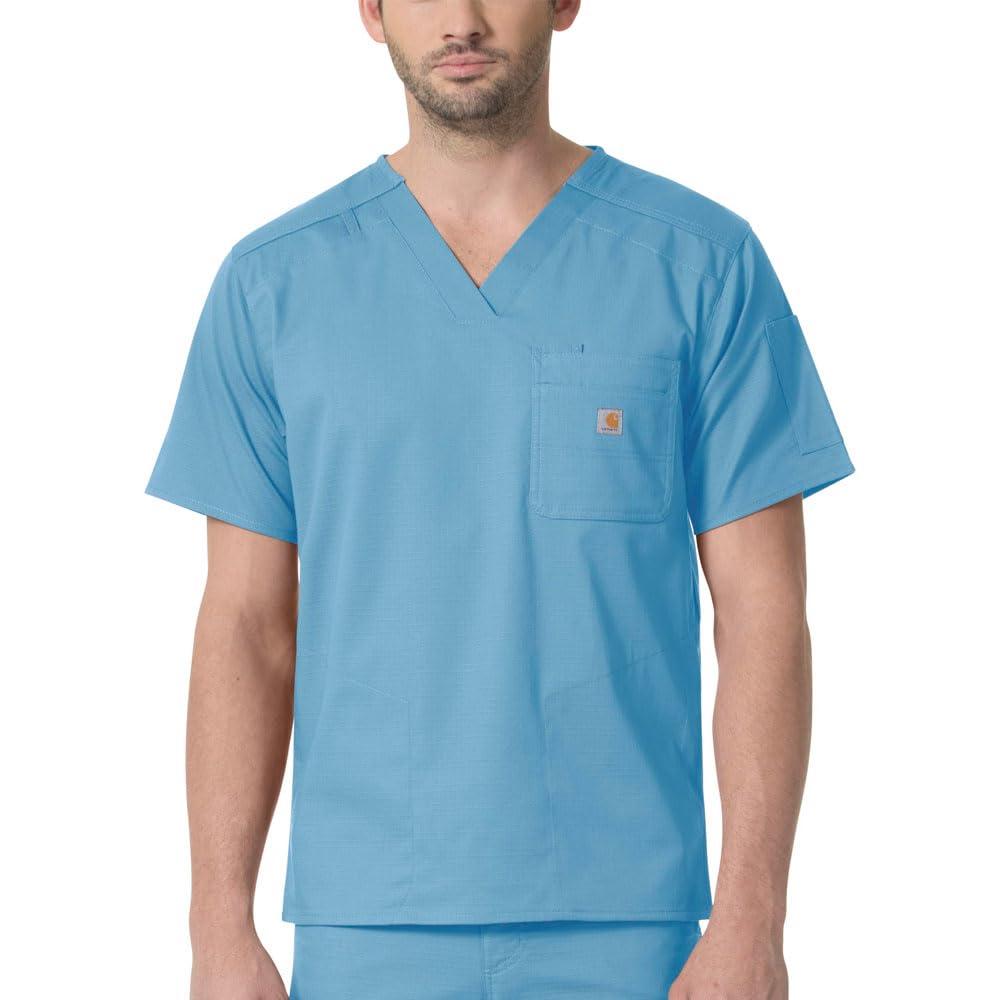 Carhartt Rugged Flex RipsTops Scrubs for Men, 6 Pocket Scrub Tops – Azure Blue, S