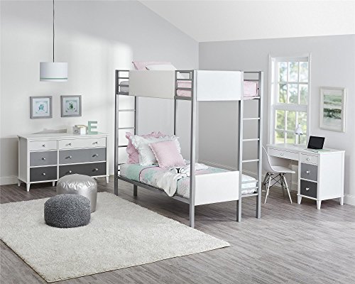 Little Seeds Monarch Hill Raven Bunk Bed Metal Frame, Twin-Over-Twin - Silver with White Faux Leather