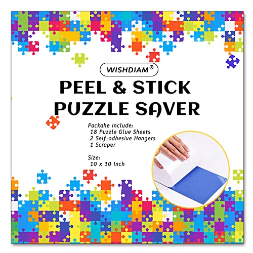Puzzle Saver Sheets - 18 Peel & Stick, No Stress & No Mess, Clear Sticker Sheets with 6 Adhesive Hangers & 1 Scraper