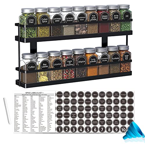 New England Stories Spice Rack Organizer with 18 Empty Square Spice Jars, 386 Spice Labels with Chalk Marker and Funnel Complete Set, for Countertop, Wall Mount or Cabinet Pantry Door, Black