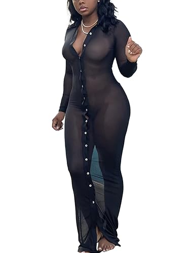 Long Sleeve Sheer Dress Cover Up Women Sexy Button Down Beach