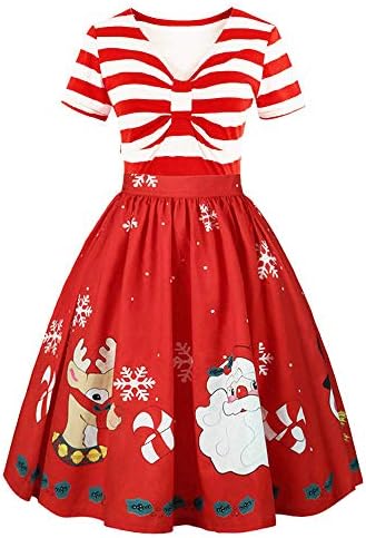 LILICAT Women Christmas Short Sleeve Elegant Ugly Reindeer Santa Print Lace Vintage Tea Striped Bowknot Dress Ball Gown Red