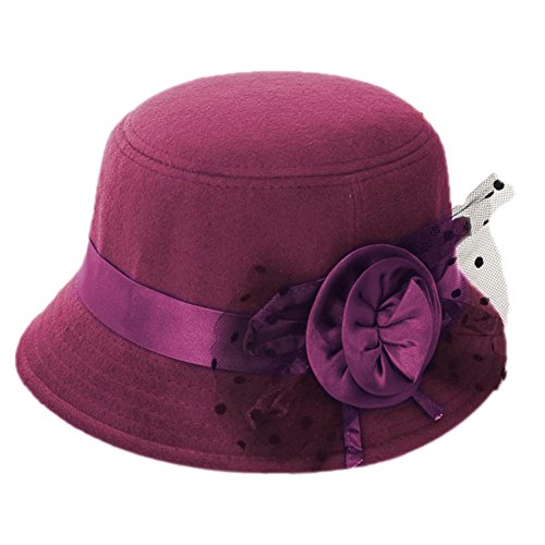 Freedi Bowler Hat Fedora Hats Dress Up Derby Hats Wide Brim Flower for Costume Adults Women Winter (Wine red)