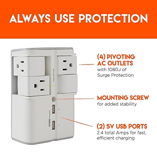 ECHOGEAR On-Wall Surge Protector With 4 Pivoting AC Outlets & 2 USB Ports Packs 1080 Joules of Surge Protection & Installs On Existing Outlets To Protect Your Gear & Increase Outlet Capacity Electronics, Accessories & Supplies, Batteries, Chargers & Accessories, Power Strips