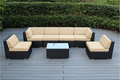 Ohana 7-Piece Outdoor Patio Furniture Sectional Conversation Set, Black Wicker with Sunbrella Rain Beige Cushions - No Assembly with Free Patio Cover