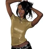 ANKOMINA Women Metallic Silver Crop Tops Short Sleeve Round Neck T Shirt Tee Blouse Y2k Clothes for Streetwear Night Club