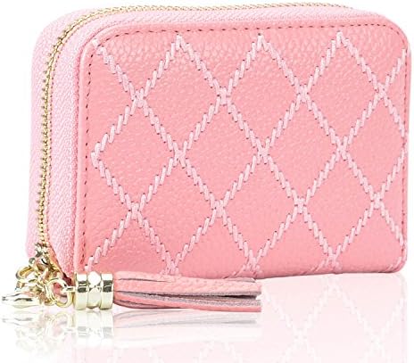 RFID Blocking Credit Card Case Organizer Genuine Leather Zip-Around Security Wallet (Pink)